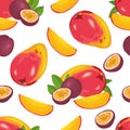 Tropical fruits isolated on white background. Food Seamless Pattern. Vector illustration of mango and passion fruit Royalty Free Stock Photo