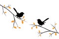 Birds on branch, vector. Two birds silhouettes on two branches looking each other. Branch illustration in autumn