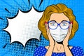 Pop art female face in medical mask. Shocked blonde woman in glasses with speech bubble. Royalty Free Stock Photo