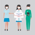 Nurses and doctor wearing face mask hold board `i stay at work for you, you stay at home for us` Royalty Free Stock Photo