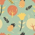 Pineapple fruit seamless pattern vector design with leaf and tree