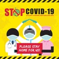 Covid-19 - Stick figure doctor & nurse holding sign `please stay home for us!` Royalty Free Stock Photo