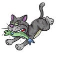 Cartoon wild cat running after steal big fish Royalty Free Stock Photo