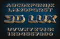 3D Lux alphabet font. Blue and golden letters and numbers.