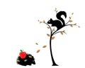 Squirrel silhouette on tree in autumn and hedgehog with apple in his back, vector. Nature in autumn illustration