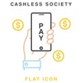 PrintCashless payment. Payment with smartphone icon, online mobile payment linear sign. smartphone payment. Cashless society flat