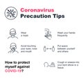 Coronavirus Precaution Tips. Vector line art illustration set.