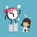 Cartoon deadline clock character and businesswoman