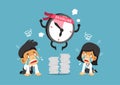 Cartoon deadline clock character and business people