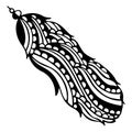 Hand-drawn black and white abstract bird feather with decorative beads on the end. Doodle zentangle style.