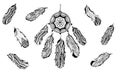 Black and white set of dreamcatcher and bird feathers drawn by hand in zentangle style. Traditional tribal symbols of Native Ameri