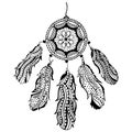 Black and white hand-drawn dream catcher with feathers and beads. Native American traditional tribal symbol. Isolated zentangle in