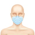 Human model with blue medical face mask.