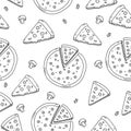 Seamless pizza pattern in cute doodle hand drawn style