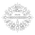 Online Groceries. Set of different groceries icons in outline style.