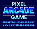 Pixel Arcade Game alphabet font. Digital 3d effect letters and numbers. Royalty Free Stock Photo