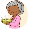 Grandma holding a bowl of hot soup. African American old lady serving hot meal. Vector illustration Royalty Free Stock Photo