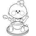 Baby girl eating cereal. Little toddler eating a bowl of baby food. Vector black and white coloring page Royalty Free Stock Photo