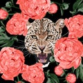 Graceful leopard and coral peony flowers. Savana cat eyes. Elegant poster, t-shirt composition.