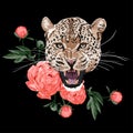 Graceful leopard and coral peony flowers. Savana cat. Elegant poster, t-shirt composition