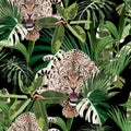 Colorful floral night pattern with tiger leopard and exotic tropical leaves illustration.