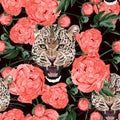 Graceful leopard and coral peony flowers. Savana cat eyes. Elegant seanless pattern.