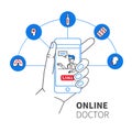 Healthcare mobile service concept - flat style illustration of hand holding smartphone