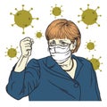 Angela Merkel Speech Wearing Mask Anti Coronavirus COVID-19 Cartoon Vector Portrait, Berlin April 1, 2020.