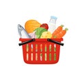 Red grocery shopping basket full of fresh food isolated on white background. Delivery of products from store. Royalty Free Stock Photo