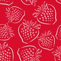 Strawberry outline seamless pattern on red background. Simple vector monochrome illustration
