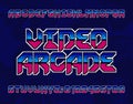 Video Arcade alphabet font. Retro pixel letters and numbers. Pixel background. Royalty Free Stock Photo