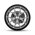 Realistic car wheel alloy black tire with disk brake on white background vector