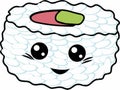 Print. Sushi, rolls, rice with eyes and a smile. Kawaii Lovely illustrations.