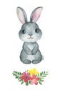 Texture with cute bunny and colorful bouquet.