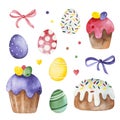 Texture with colorful eggs,cakes,ribbons and decorative elements