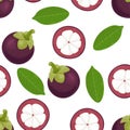 Mangosteen whole and half seamless pattern on white background. Vector illustration of tropical fruit