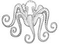 Black and white stylized octopus hand-drawn in the style of zentangle. Patterned lace cephalopod living in the sea. For a coloring