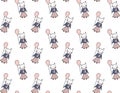 Seamless pattern of their cute contour lynxes in polka dot skirts, jumpers and scarves holding pink balloons on a white background