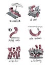 The image of the worm at different activities, work, with the family, sports, recreation, dancing. Black and white illustration, d