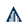 Letter A Real Estate Logo Design. Triangle Building Horizon Line Construction with Skyscraper Logo Vector