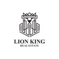 Lion King Real Estate Logo Design. Lion Estate Crown Vector. Building Lion Face Construction Logo Royalty Free Stock Photo