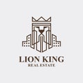 Lion King Real Estate Logo Design. Lion Estate Crown Vector. Building Lion Face Construction Logo Royalty Free Stock Photo