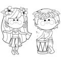 Hawaiian children playing music and hula dancing. Summer Hawaii island vacations at beach. Vector black and white coloring page