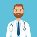 Doctor with beard Isolated on blue background. Vector illustration of  therapist man in white medical gown Royalty Free Stock Photo