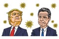 Andrew Cuomo New York Governor and Donald Trump Face to Face with Coronavirus Covid-19 Icon Background. Vector Cartoon Caricature