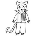A hand-drawn black and white leopard dressed in trousers, a striped yolk and a shirt. Children`s doodle