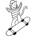 A black and white tiger cub in a cap, striped sweater and trousers rides on a skateboard. Cheerful skateboarder. Hand-drawn doodle