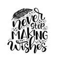 Never stop making wishes - inscription hand lettering vector. Typography design Royalty Free Stock Photo