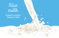 Pouring rice milk isolated on blue background. Vector illustration of  milk flow and seed in cartoon flat style. Splash and drops Royalty Free Stock Photo