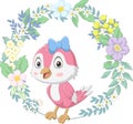 Cute happy bird pink with floral wreath